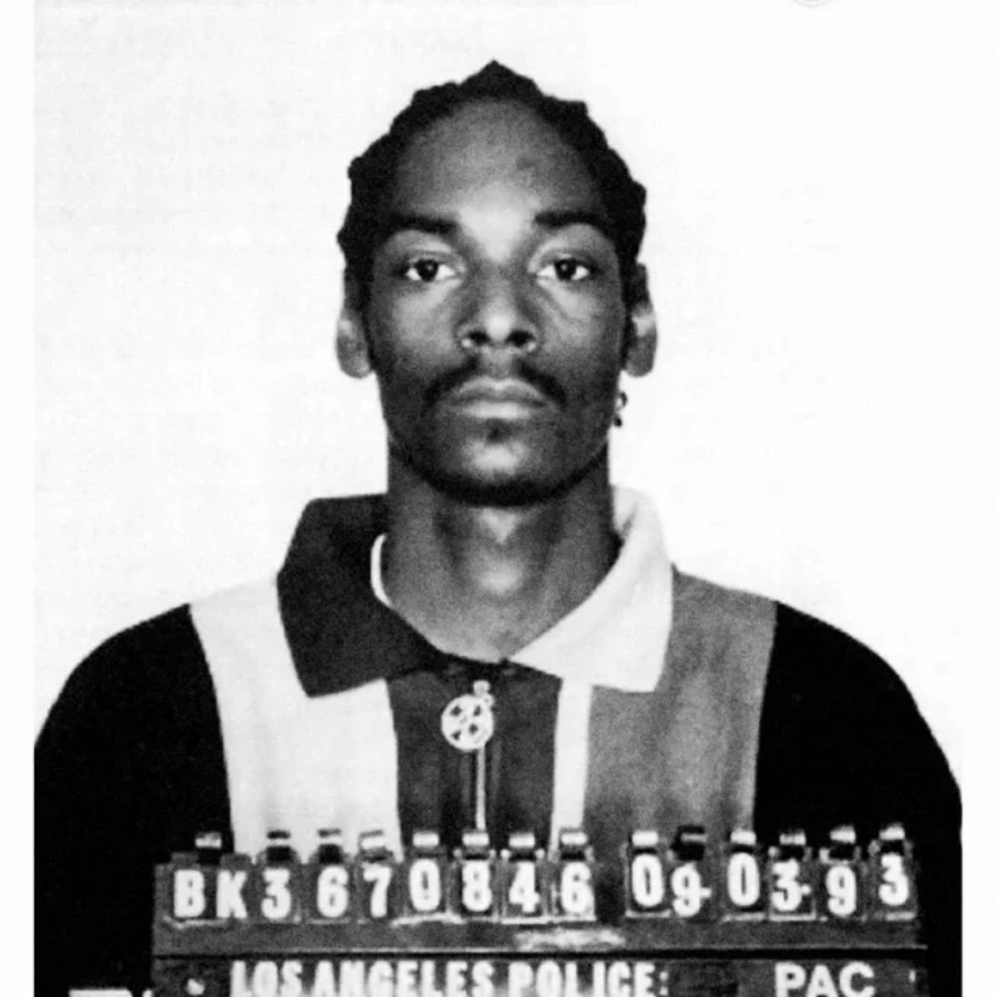 Black and white mugshot of a man with braided hair, wearing a collared shirt. He is looking straight at the camera. The sign in front reads "LOS ANGELES POLICE" with arrest numbers below.