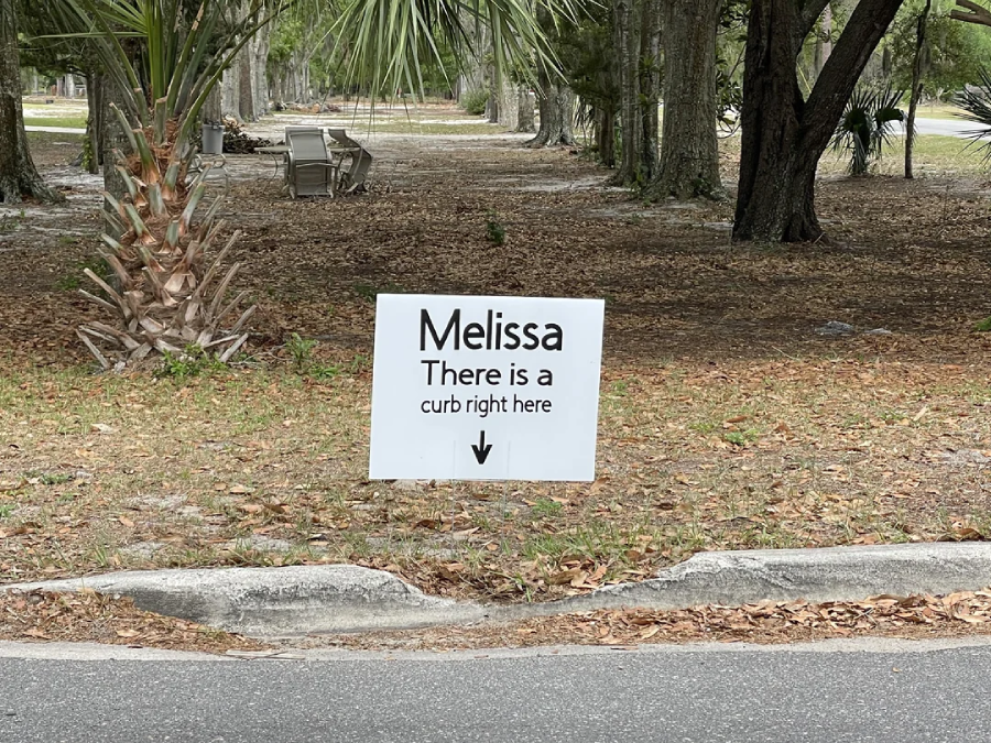 A white sign on a grassy area reads "Melissa There is a curb right here" with an arrow pointing down at a concrete curb beside a road. Trees and outdoor furniture are in the background.