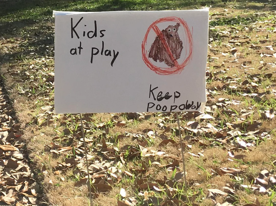 A handmade yard sign reads "Kids at play" and "Keep poop away" with a drawing of a dog inside a red crossed-out circle, set on a grassy area covered with dry leaves.