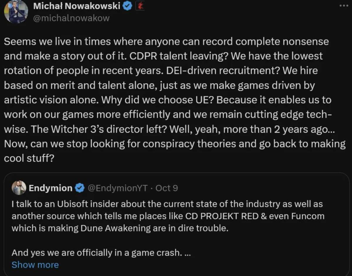 A tweet by Michal Nowakowski responds to a post about industry challenges, criticizing unfounded rumors about CDPR’s talent loss and advocating for a focus on productivity and innovation in game development.