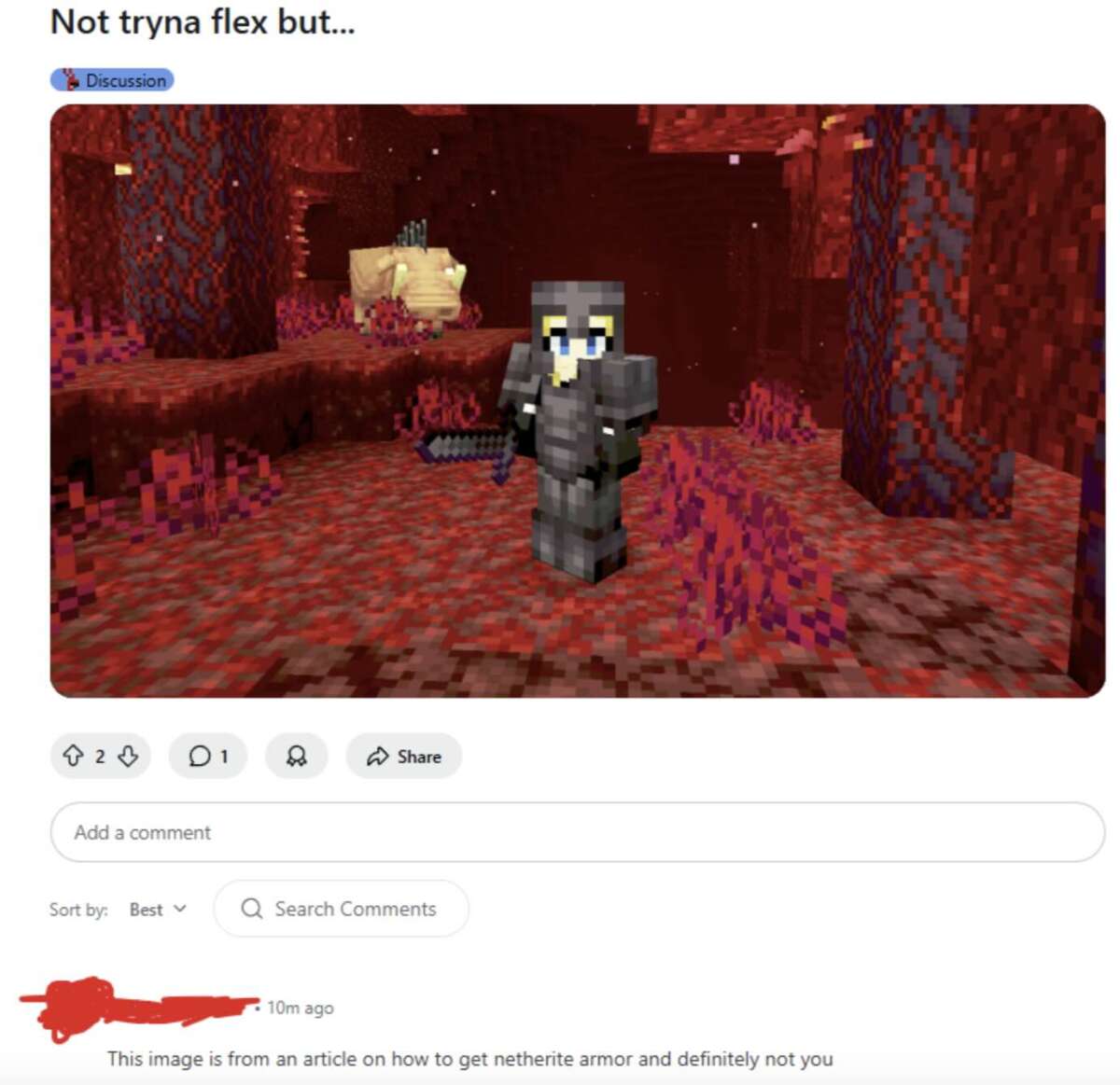 A Minecraft character wearing full netherite armor stands in a crimson forest biome, surrounded by red vegetation and blocks. The character holds a weapon and looks directly at the camera.