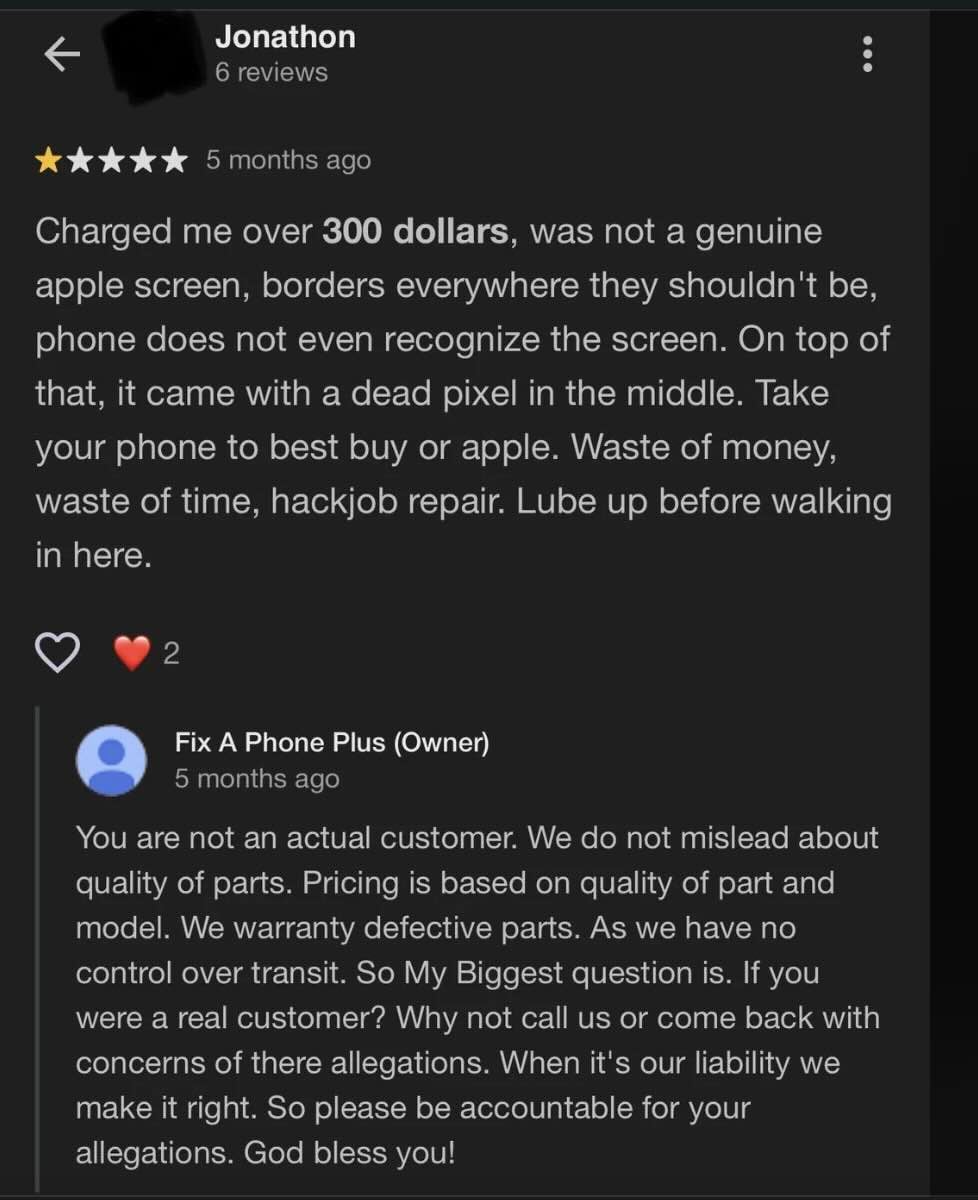 A negative customer review claiming they were charged over $300 for a faulty phone screen, followed by a detailed response from the shop owner denying the claims and inviting the reviewer for resolution.