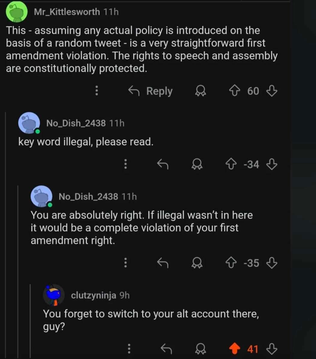 A Reddit thread shows users debating First Amendment rights. One comment suggests confusion between legality and rights. Another user points out a possible mistake of replying to oneself with an alternate account.