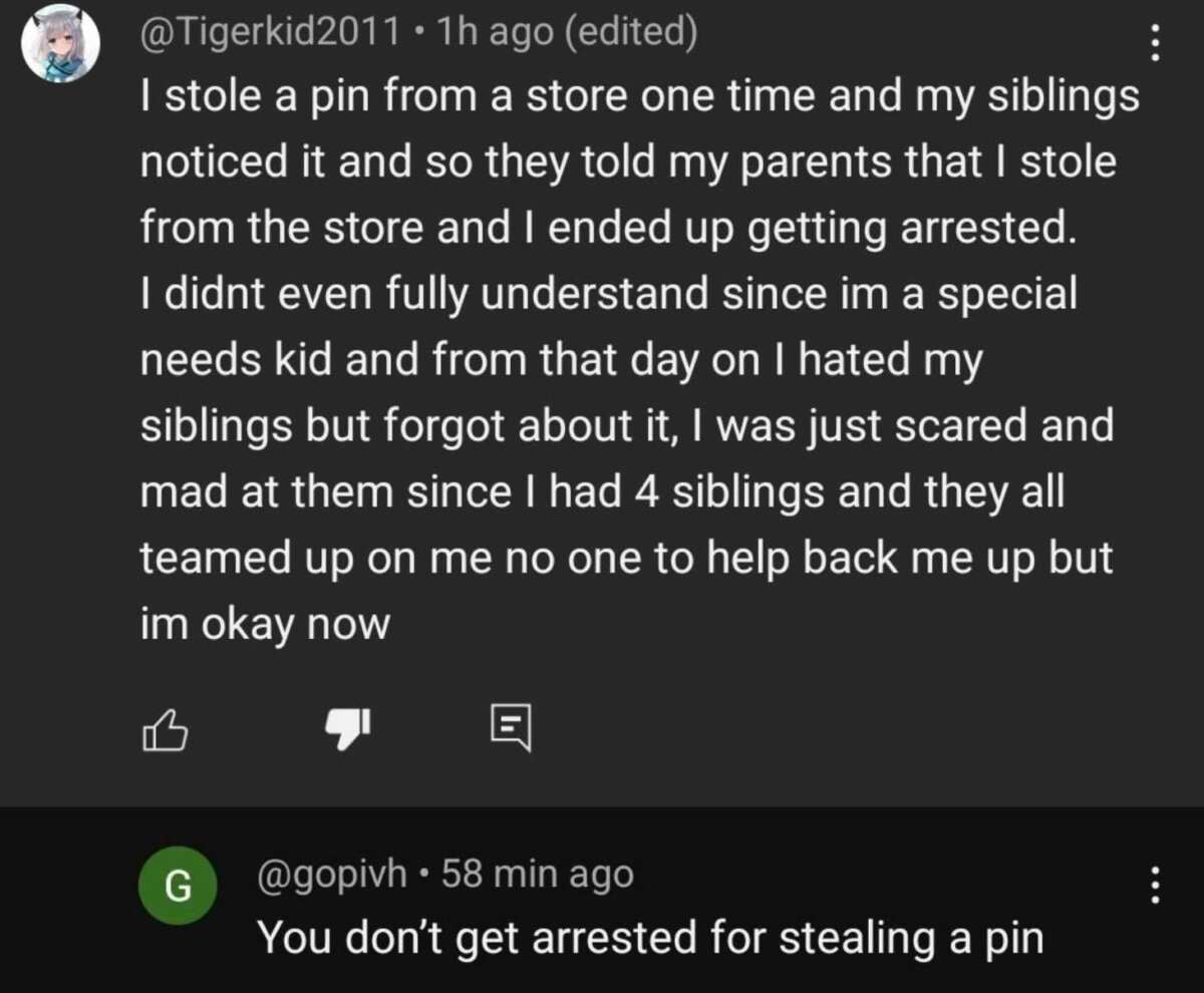 A YouTube comment describes getting arrested as a child for stealing a pin, feeling isolated by siblings, and hating them, followed by a reply asserting that you don’t get arrested for stealing a pin.