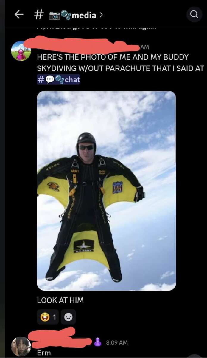 A person wearing a black and yellow wingsuit is flying in the sky, arms and legs outstretched. The screenshot shows social media comments reacting to the image.