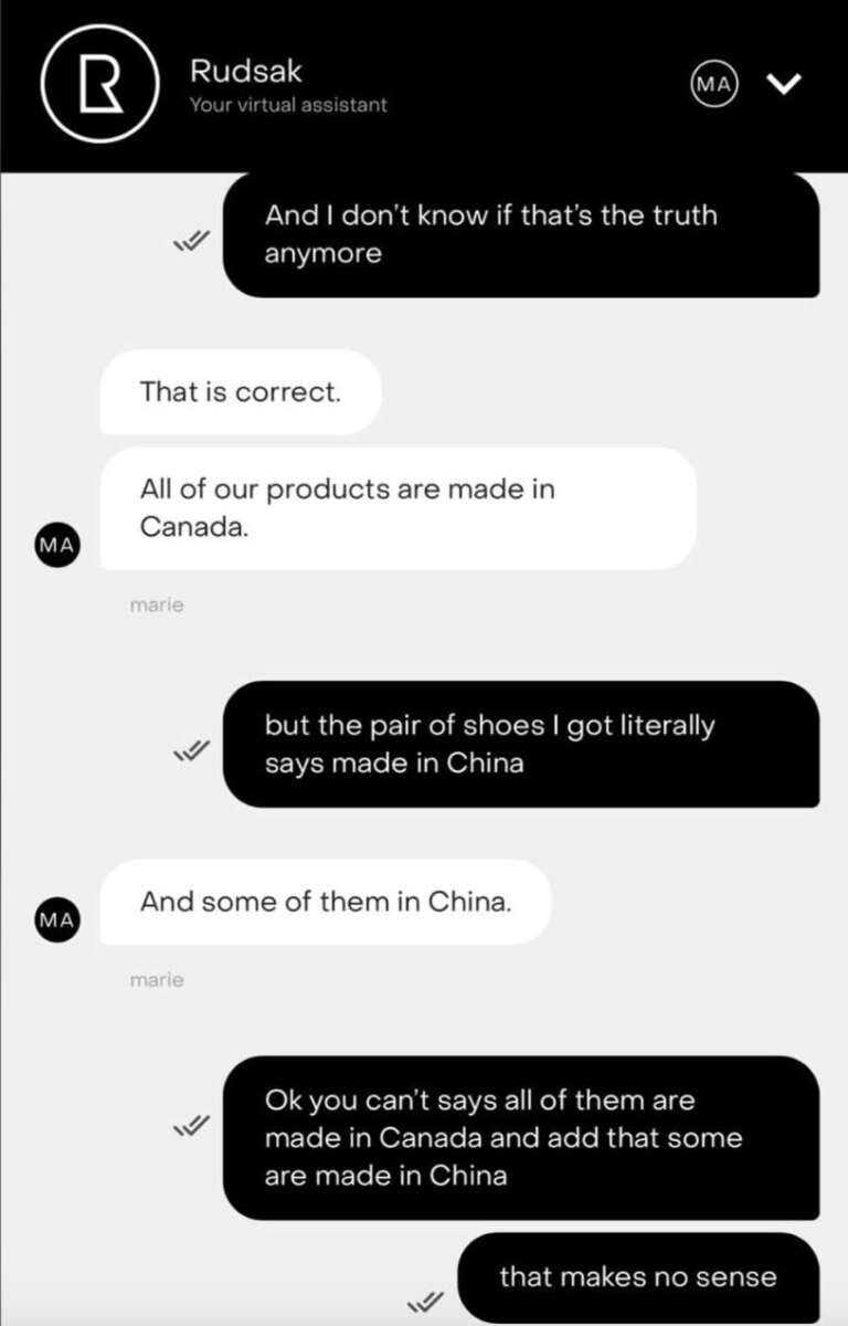 A chat between a customer and Rudsak’s virtual assistant. The assistant claims all products are made in Canada. The customer points out their shoes say "Made in China." The assistant admits some items are also made in China.
