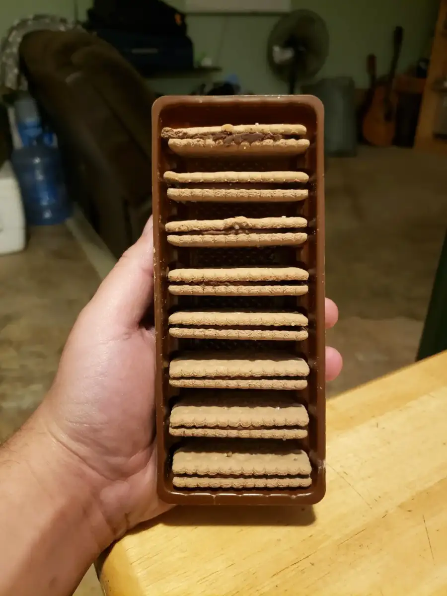 A hand holding a rectangular tray filled with stacked rectangular chocolate-covered biscuits, with a living room and furniture visible in the background.