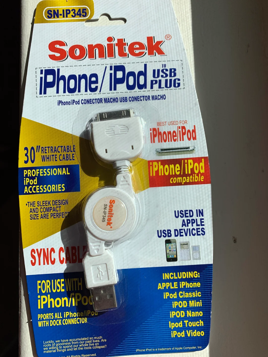 Retail packaging for a Sonitek retractable USB sync cable for iPhone and iPod, showing the cable and connectors inside a plastic cover. The packaging highlights compatibility and features in bold colored text.