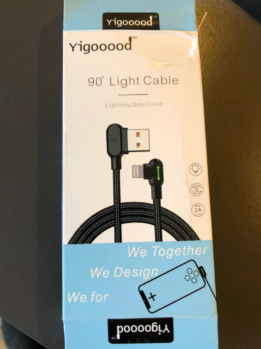 A box for a Yigooood 90° Light Cable (Lightning data cable) shows an image of the cable with right-angle connectors. The packaging also features icons, product specifications, and the phrases "We Together We Design We for.