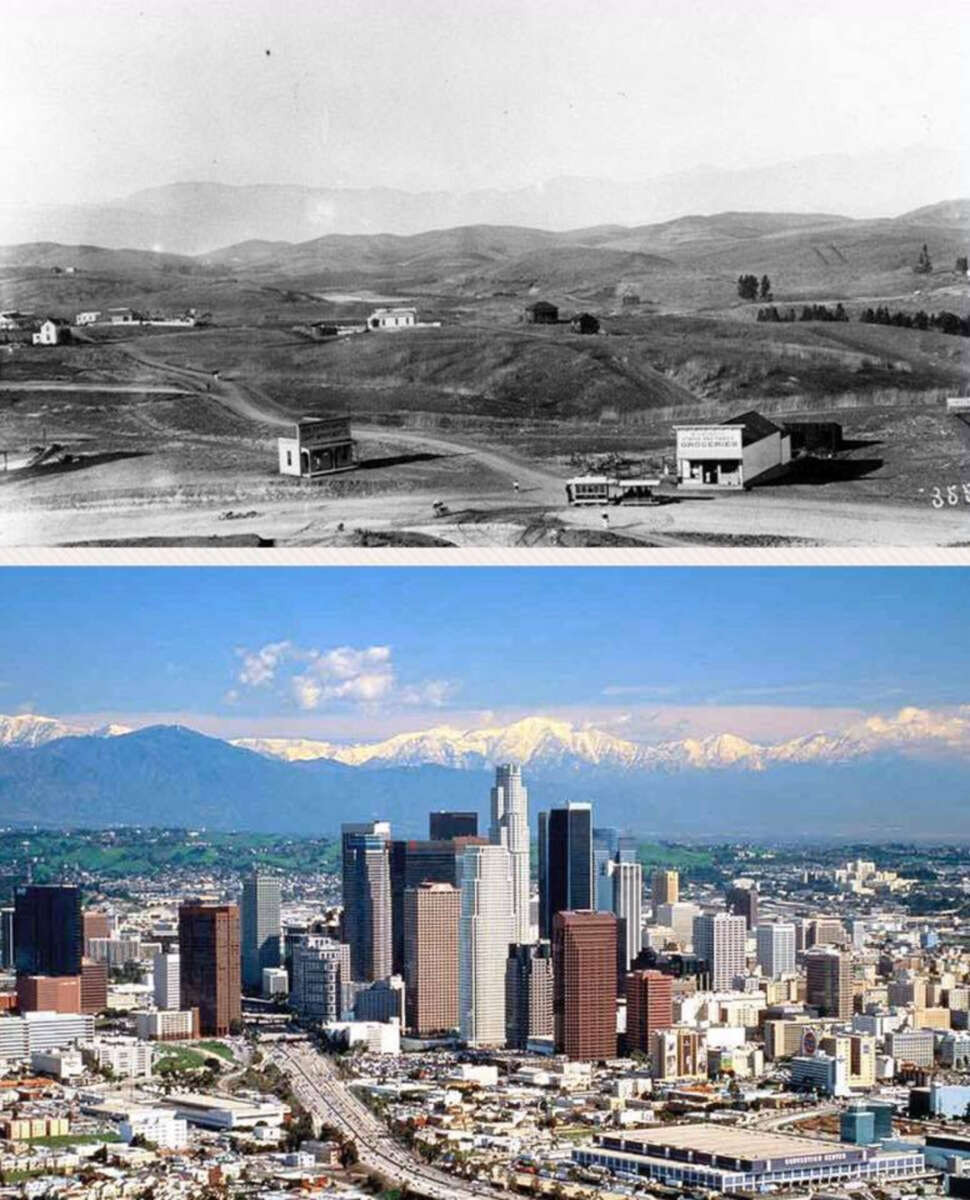 Top: Black-and-white photo of a mostly empty, hilly landscape with a few small buildings. Bottom: Modern color photo of downtown Los Angeles with skyscrapers and mountains in the background.