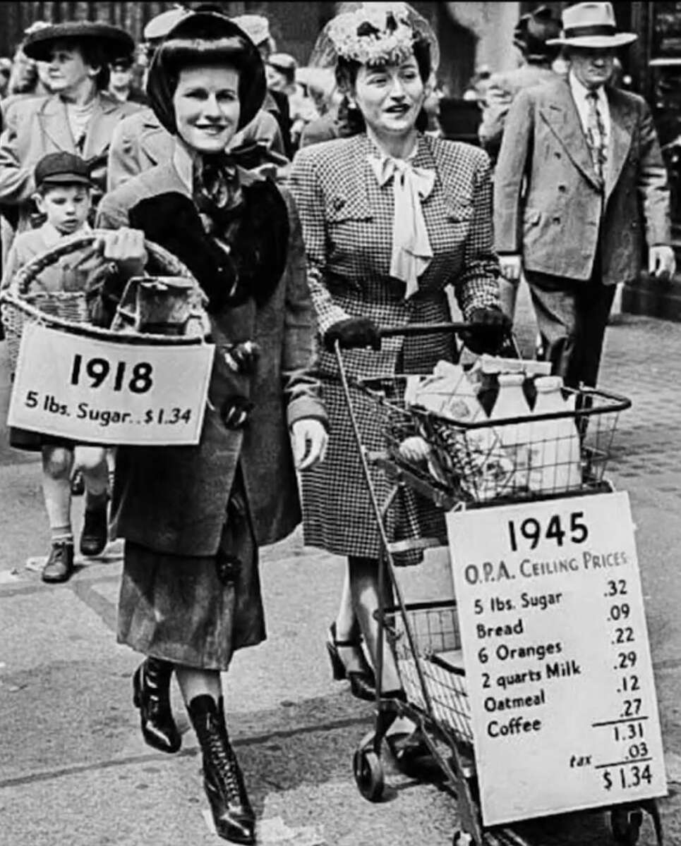 Two women in 1940s attire walk side by side; one holds a basket labeled 1918 with grocery prices, the other pushes a cart labeled 1945 with a price list, highlighting the cost of food items in both years. People walk in the background.