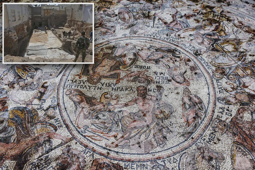 An ancient, colorful mosaic with detailed human and animal figures, surrounded by Greek inscriptions. Inset shows archaeologists excavating the site where the mosaic was discovered, with stone tiles exposed.