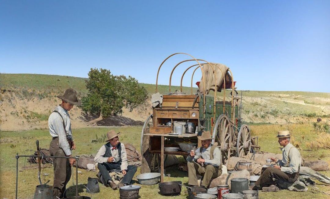 Four men in old-fashioned clothing sit and stand near a covered chuckwagon, eating and drinking outdoors in a grassy, open landscape under a clear blue sky. Cooking pots and camping gear are scattered around.