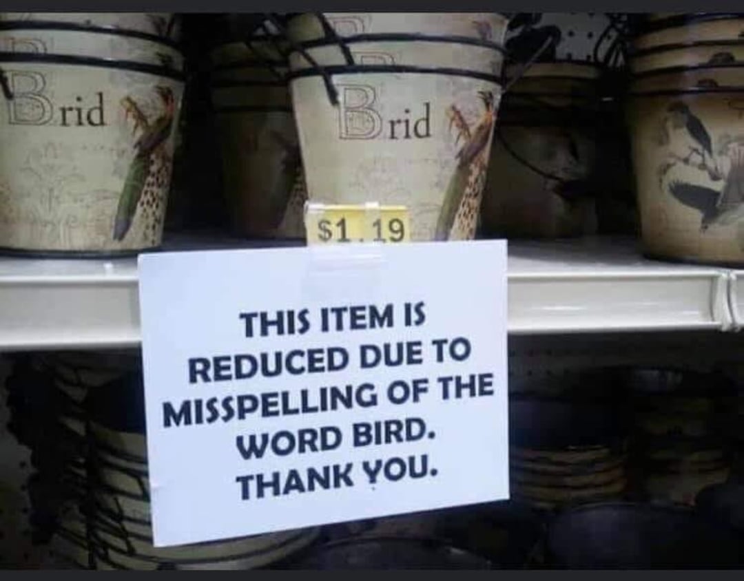 Plant pots labeled “Brid” instead of “Bird” on a store shelf, with a sign reading: “This item is reduced due to misspelling of the word bird. Thank you.”