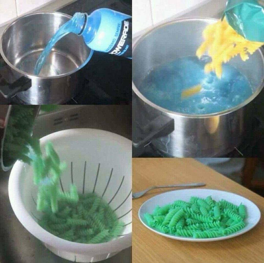 Four-panel image showing someone cooking pasta with blue sports drink instead of water, resulting in bright green pasta being drained and served on a plate.