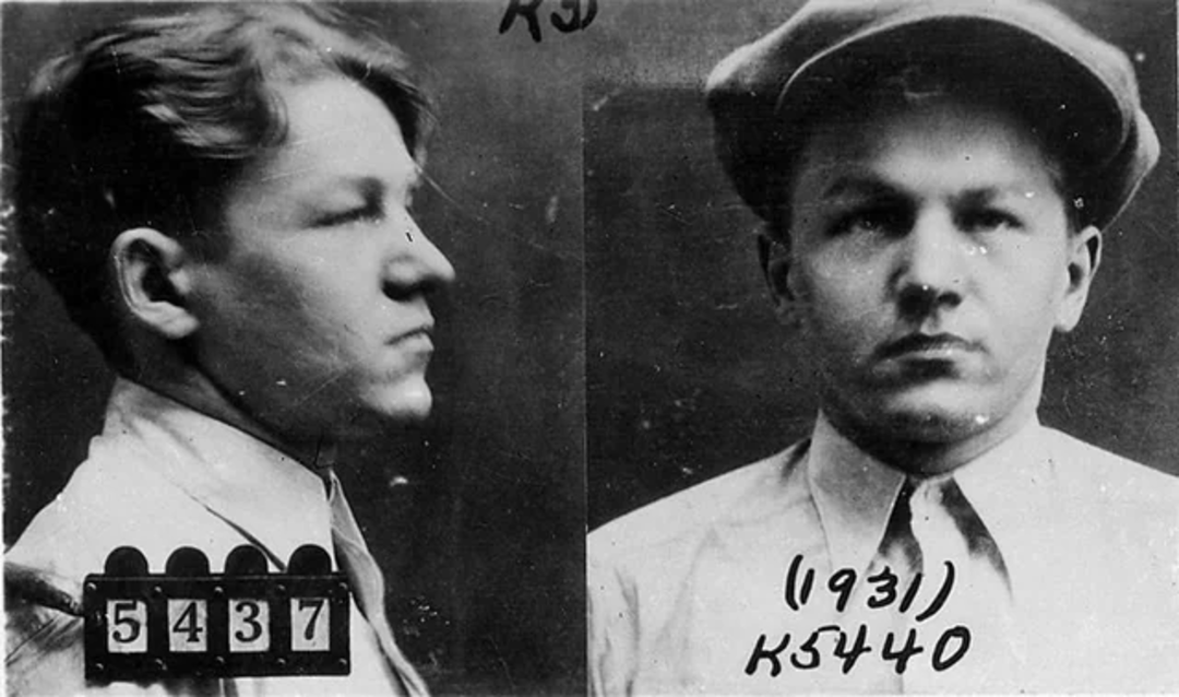 Black and white mugshot of a young man, shown in profile and front view. He is wearing a light shirt and flat cap. Numbers "5437" and "K5440" are visible on the photos.