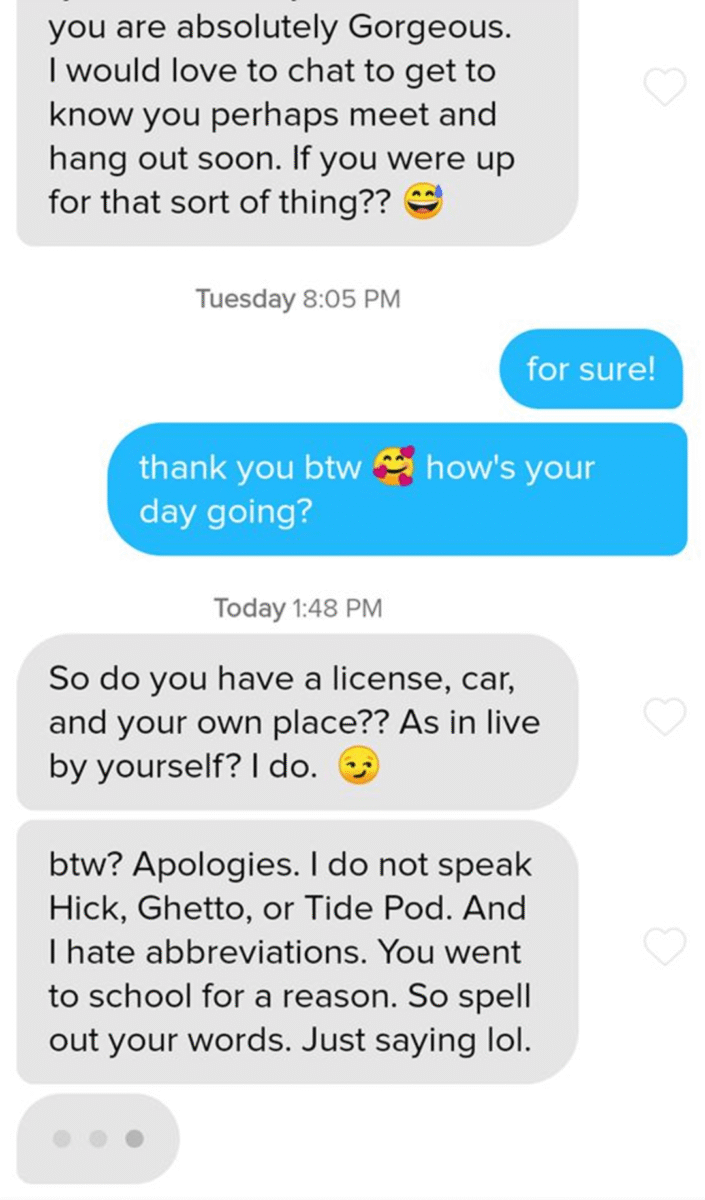 A dating app chat. The first person compliments the other and suggests meeting up. The second person replies positively and asks about their day. The first person asks about a car, license, and living situation, then comments on language use and abbreviations.