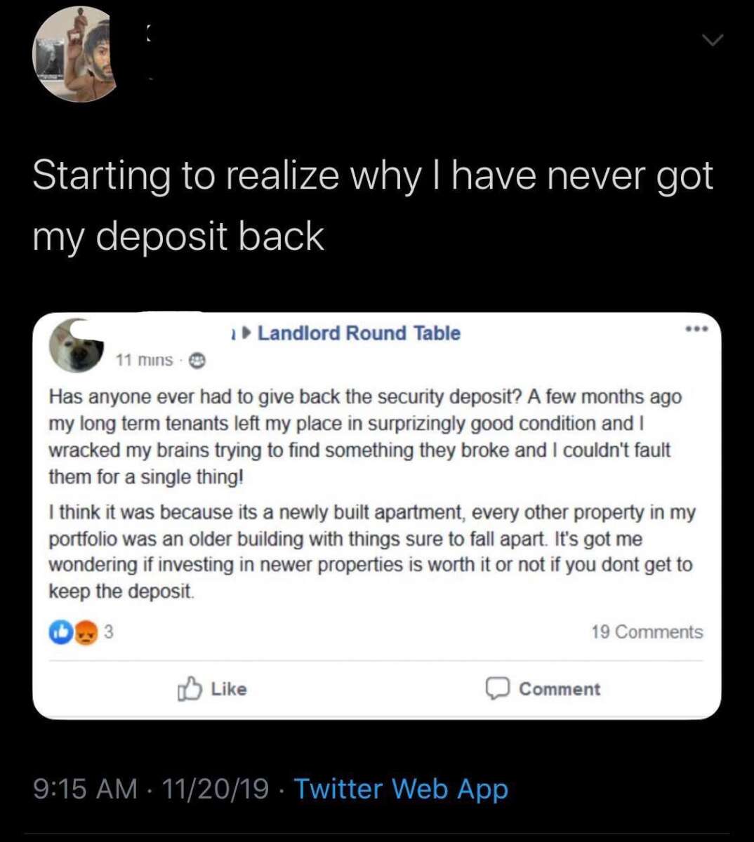 A tweet shows a person questioning why they never get their deposit back, above a Facebook post where someone shares their experience of struggling to get their security deposit after tenants left, sparking a discussion about property investments.