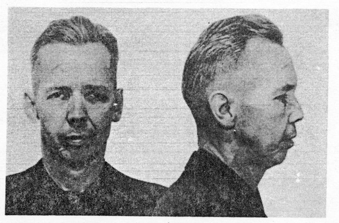 Mugshot photo of a man with short, light hair, shown from the front and side against a plain background. The image is black and white and has a grainy texture.
