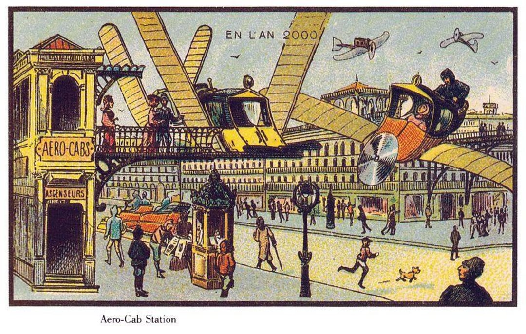 A vintage illustration depicts a futuristic city scene with flying taxi cabs called "Aero-Cabs" picking up passengers from an elevated station as people and animals move about below.