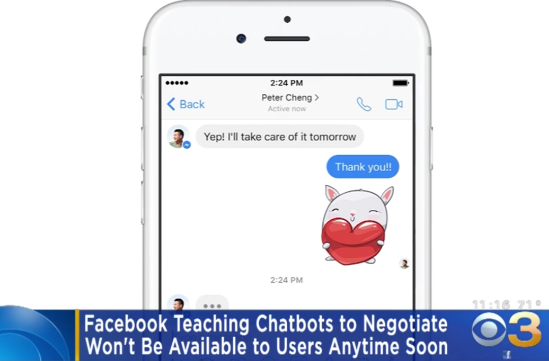 A smartphone screen shows a Facebook Messenger chat with a cat sticker holding a heart. A news headline below reads, "Facebook Teaching Chatbots to Negotiate Won't Be Available to Users Anytime Soon.