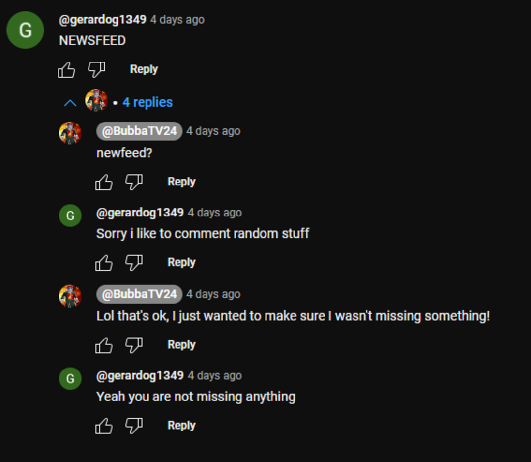 A YouTube comment thread shows users discussing the term "NEWSFEED." One user asks about the meaning, another clarifies it's just a random comment, and they agree nothing important is being missed.
