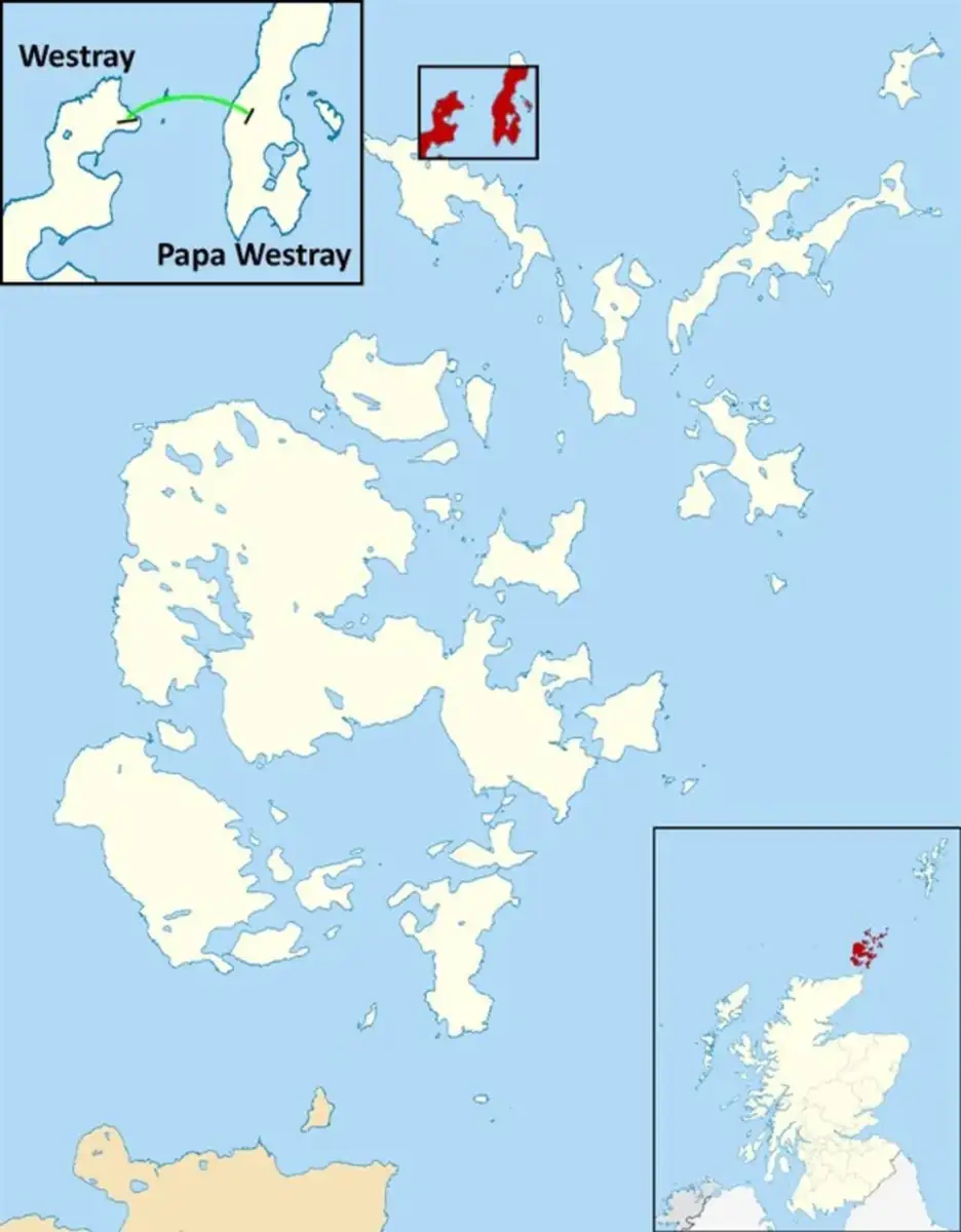 Map showing the Orkney Islands in Scotland, highlighting Westray and Papa Westray with an inset for their location within the islands and another inset showing Orkney’s position north of mainland Scotland.