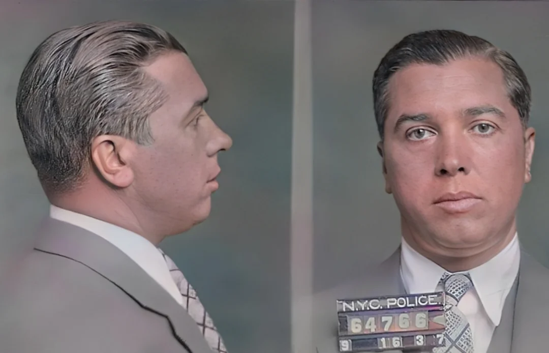 A colorized mugshot shows a man in a suit and tie, photographed from the side and front, holding an NYC police sign with the number 64766.