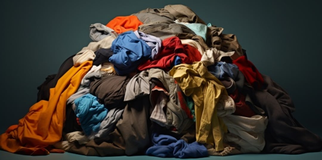 A large pile of assorted, colorful clothes stacked haphazardly against a dark background. The clothes include shirts, pants, and other garments in various colors and fabrics.