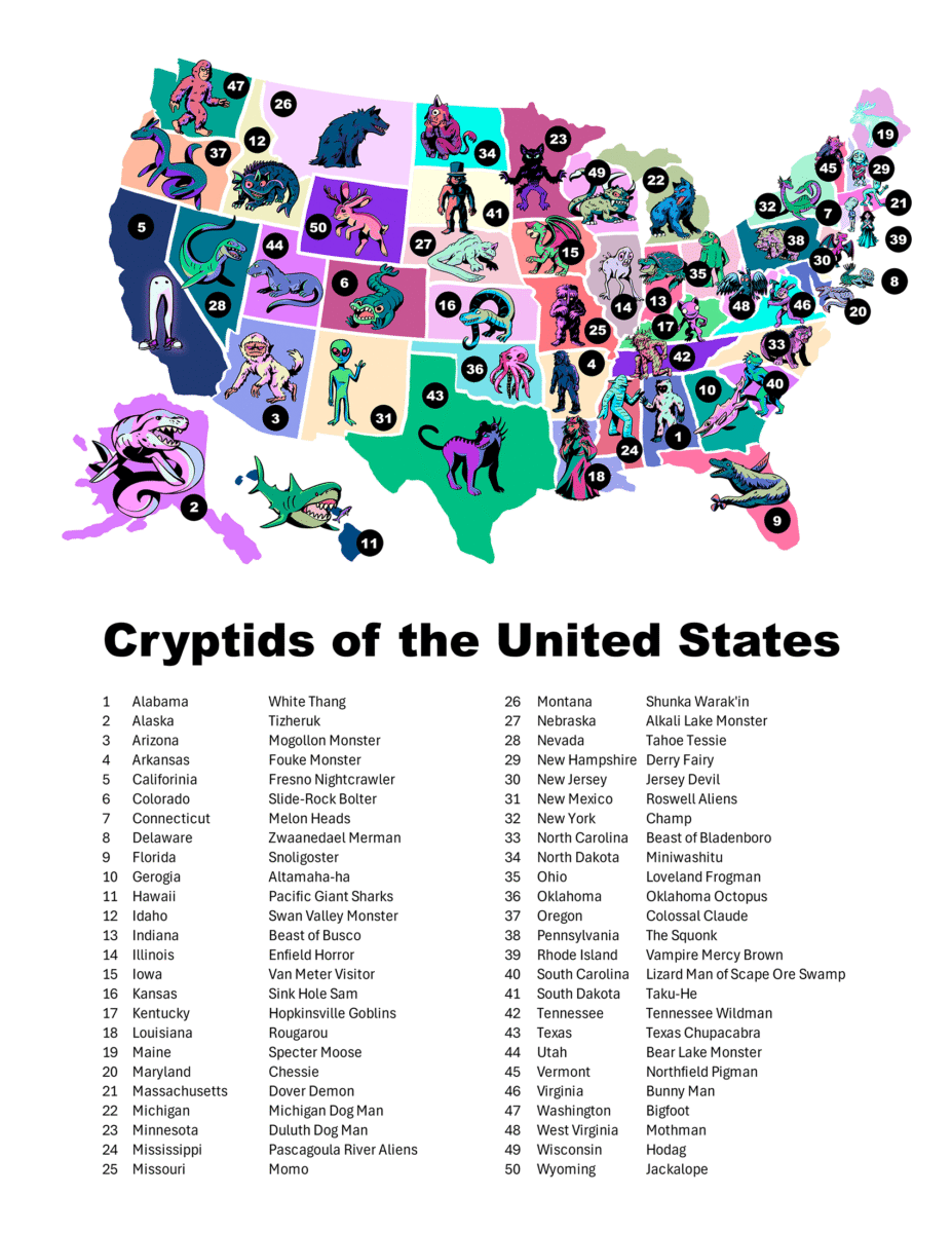 A colorful illustrated map of the United States shows various cryptids in each state, with matching numbered illustrations and a legend naming cryptids such as Mothman, Jersey Devil, and Bigfoot for each state.