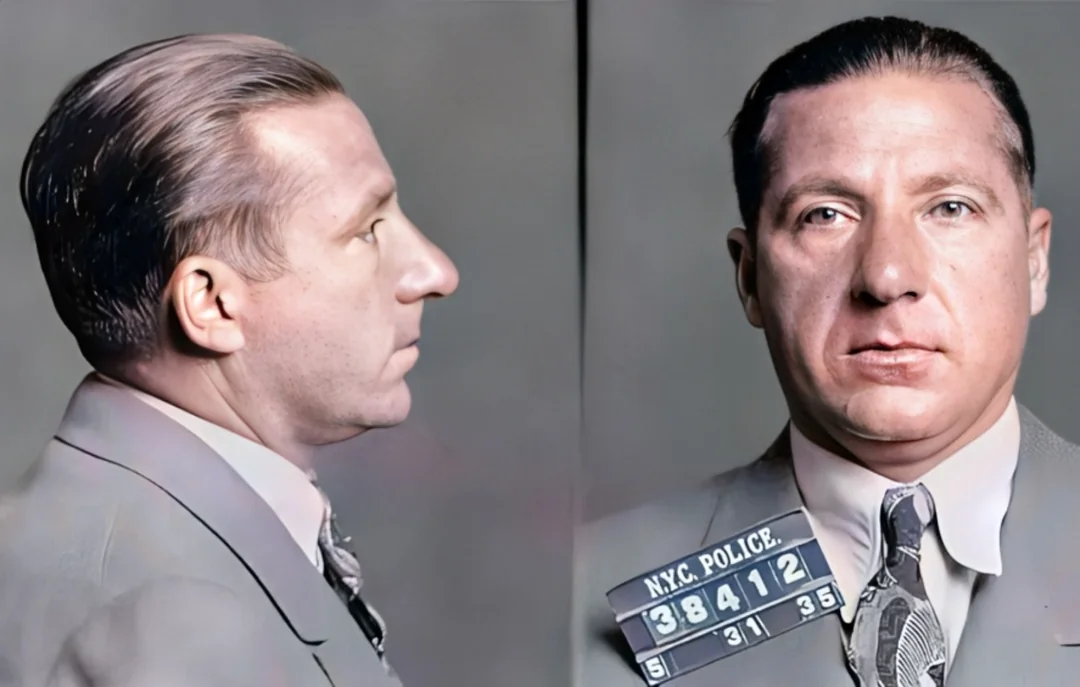 Mugshot of a man in a suit and tie, shown in side and front profiles, holding a placard labeled "N.Y.C. Police 38412" with the date "5-31-35." The man has slicked-back hair and a serious expression.