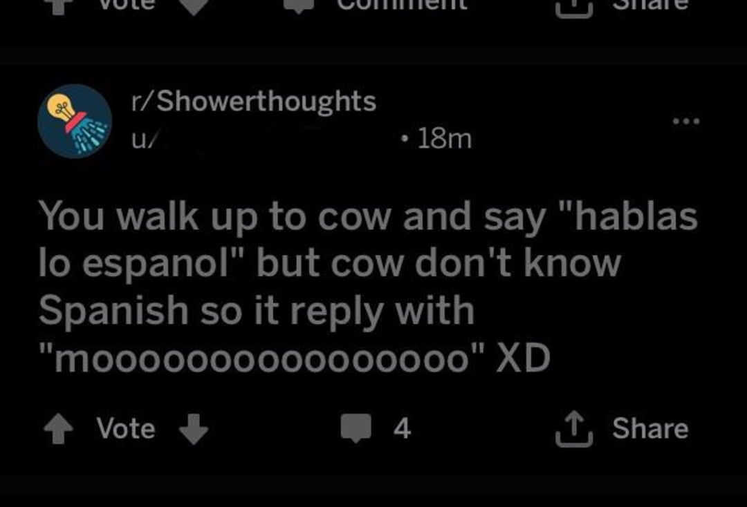 A Reddit post from r/Showerthoughts says: "You walk up to cow and say 'hablas lo espanol' but cow don't know Spanish so it reply with 'mooooooooooooooo' XD". The post has 4 upvotes.