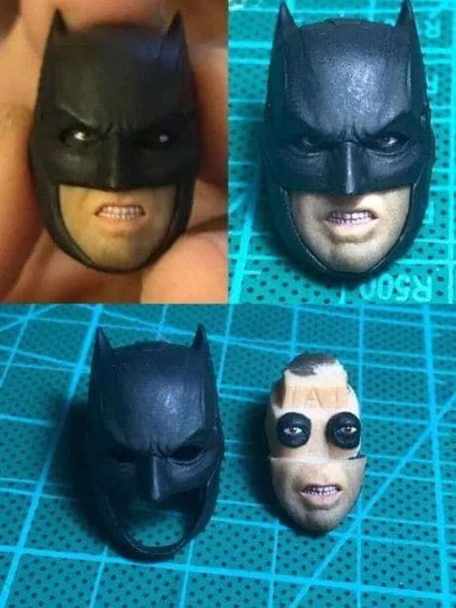Four photos show a small, detailed Batman mask. The top row shows the mask on a head with a grimacing face. The bottom row shows the mask removed, revealing a face with painted black circles around the eyes.