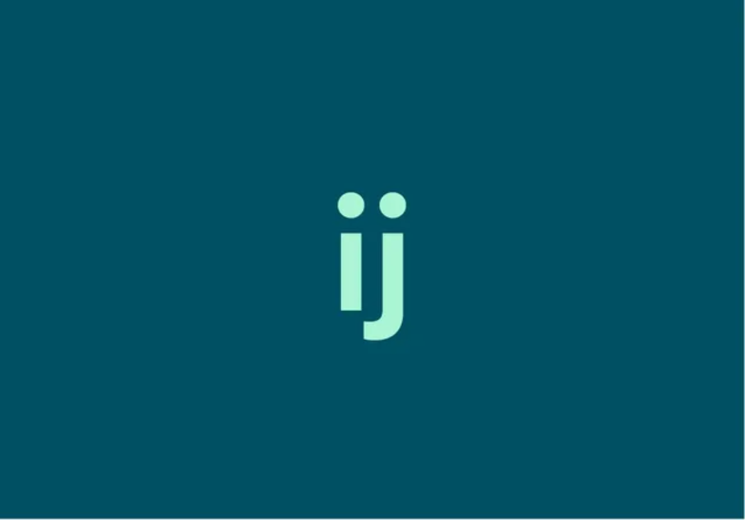 Light green lowercase letters "ij" with dots above each letter, resembling two faces, centered on a dark teal background.