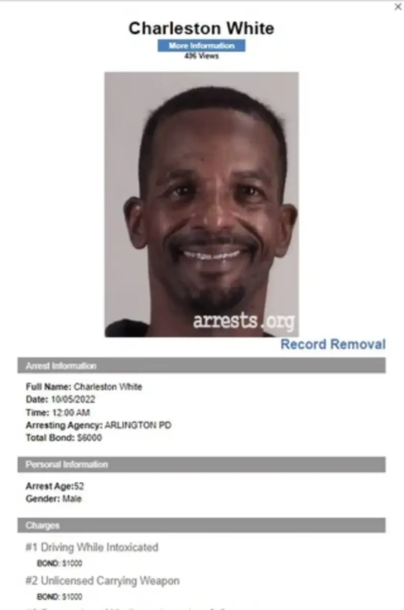 Mugshot photo of a middle-aged man smiling, labeled as Charleston White. The image includes arrest information, charges of Driving While Intoxicated and Unlicensed Carrying Weapon, with bond amounts listed.