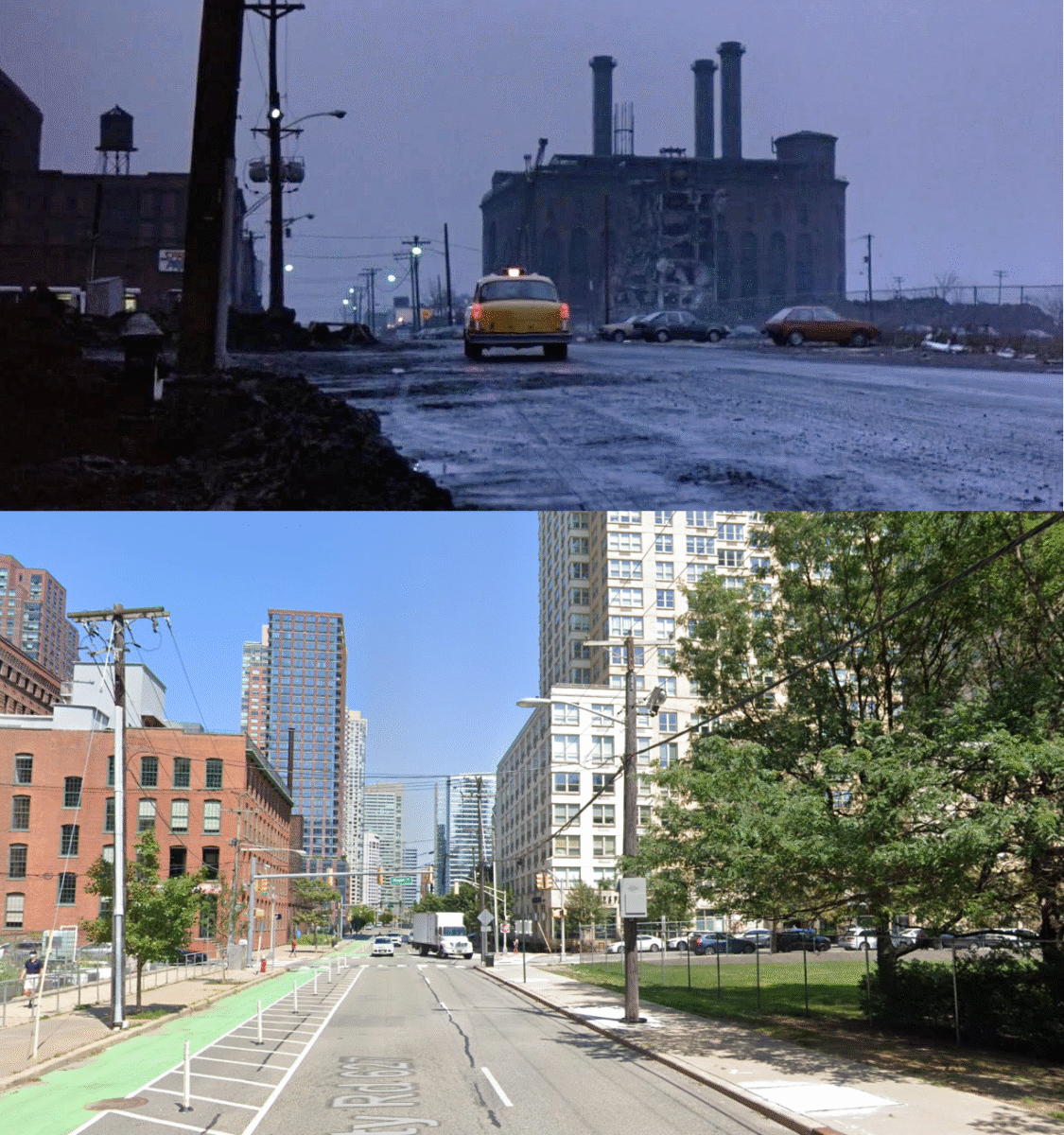 Split image: Top shows a gloomy, industrial street with a brick building, smokestacks, and a yellow taxi. Bottom shows the same area years later, now bright with modern buildings, a bike lane, and green trees.