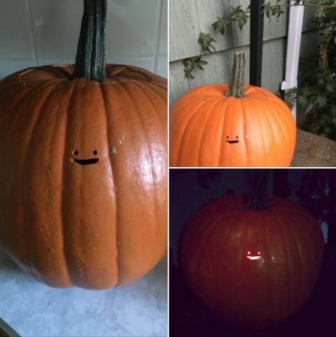 Three images of the same pumpkin with a tiny smiley face drawn on it: in daylight, outside, and at night with just the smile illuminated by a small light.