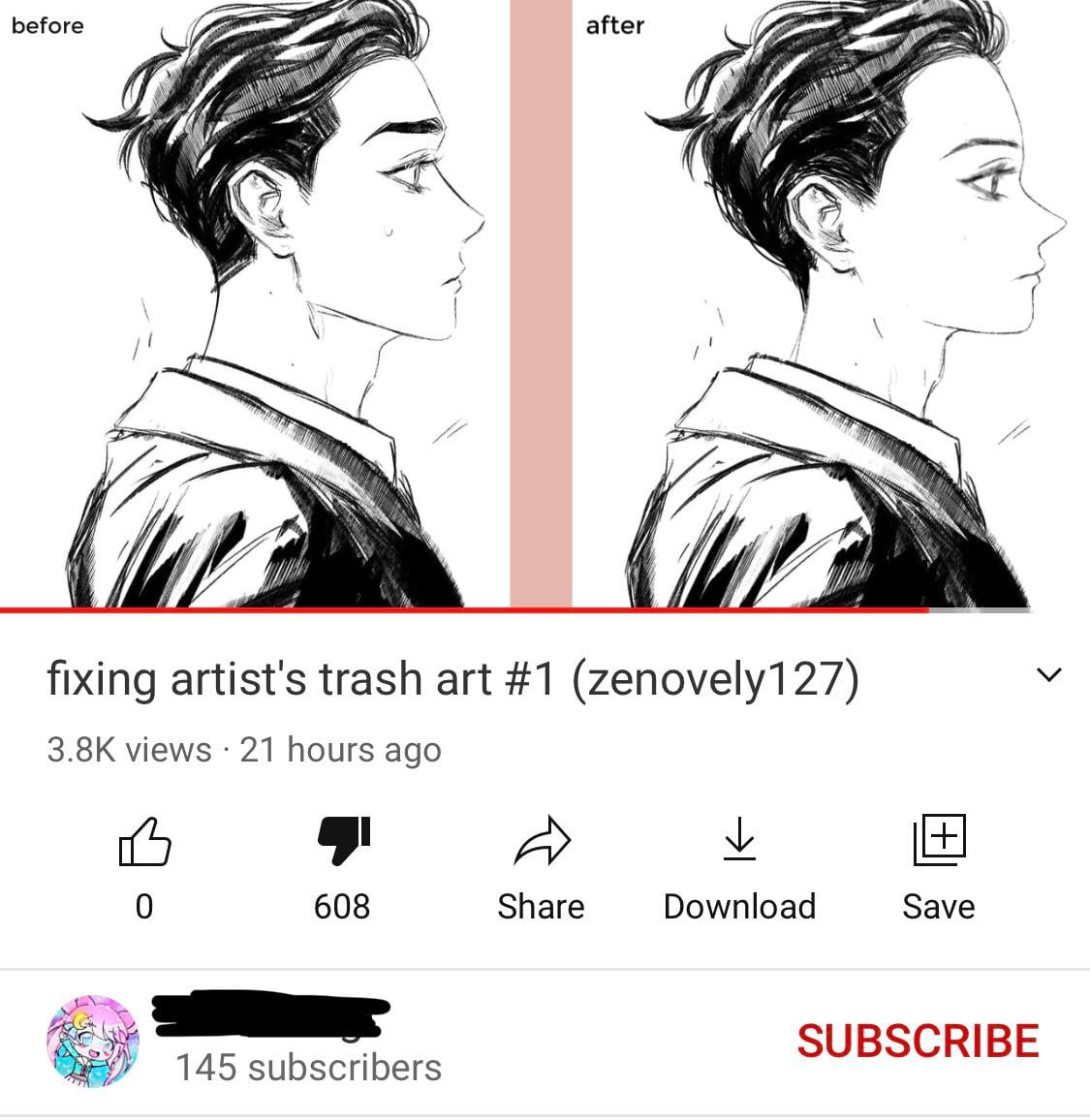 Split image of a black-and-white drawing of a young person’s profile; left side labeled "before" with softer features, right side labeled "after" showing sharper, more defined lines. YouTube interface is visible below.