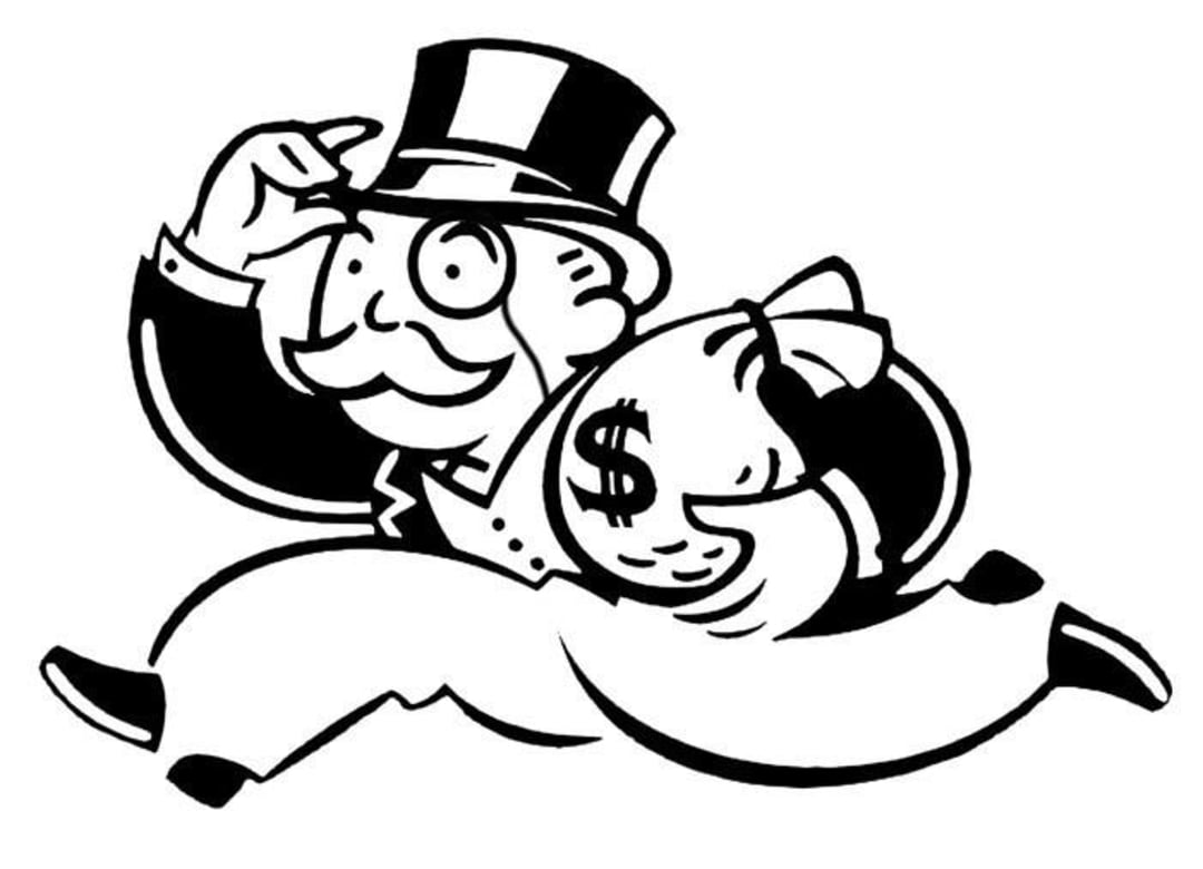 Black-and-white drawing of a man in a top hat, monocle, and suit, holding a large money bag with a dollar sign, appearing to walk quickly or run while tipping his hat.