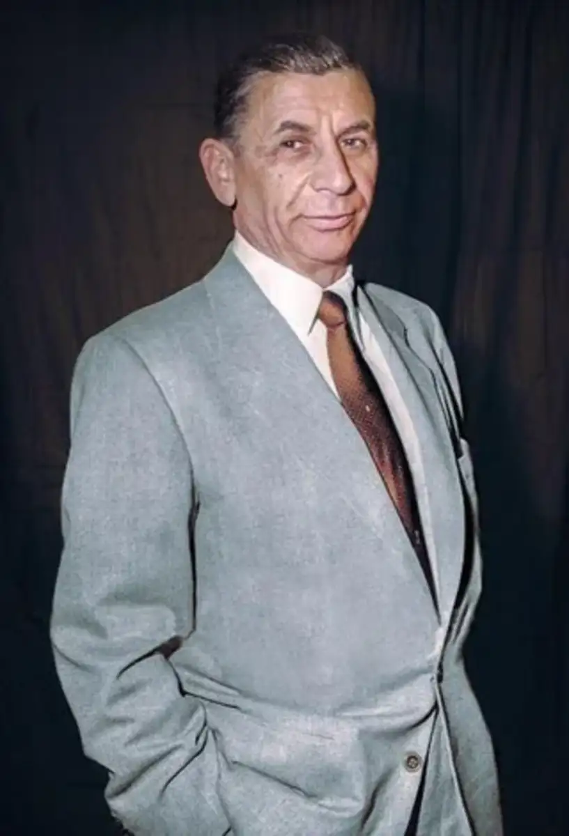 A man with slicked-back dark hair, wearing a light gray suit, white shirt, and brown tie, stands against a dark background with one hand in his pocket, looking slightly to the side.