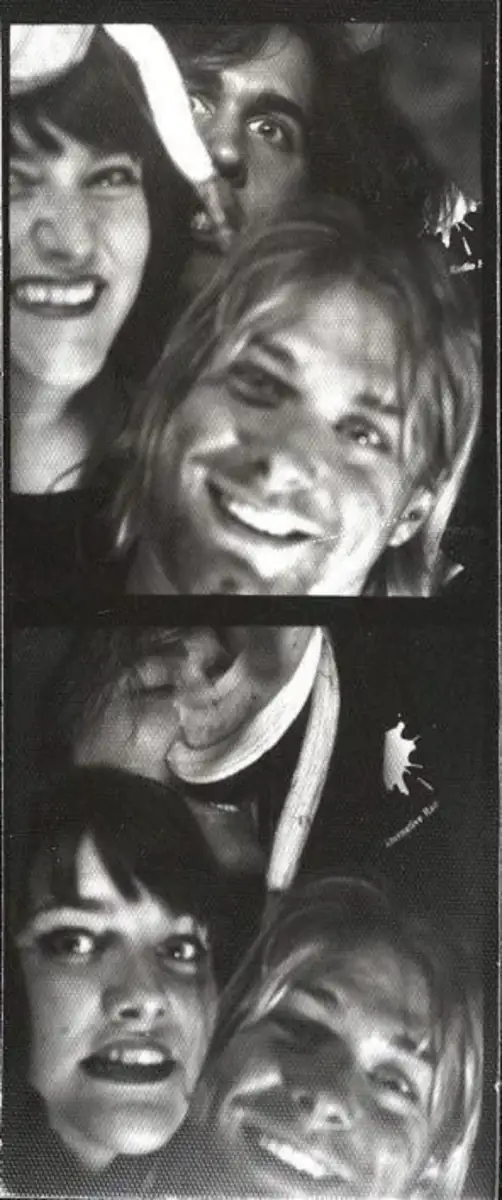 Two black-and-white photo booth strips show three people smiling and making playful faces close together, with one person in front and two others partially visible behind.