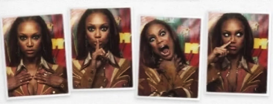 Four photos of a woman in a patterned jacket making different faces: serious with hands on chest, holding a finger to her lips, making a silly wide-mouthed face, and picking her nose with an exaggerated expression.