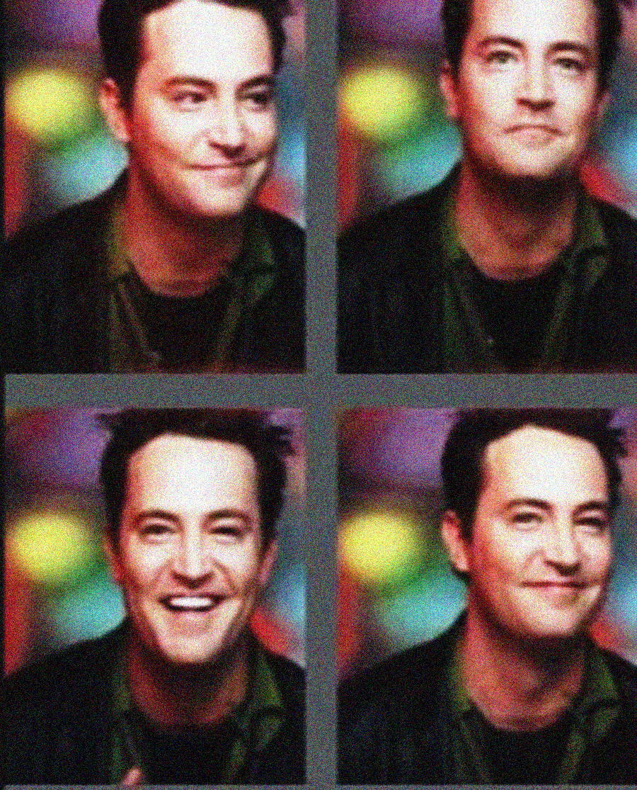 A four-panel grid shows the same man with dark hair and a dark jacket, making different facial expressions against a colorful, blurred background.