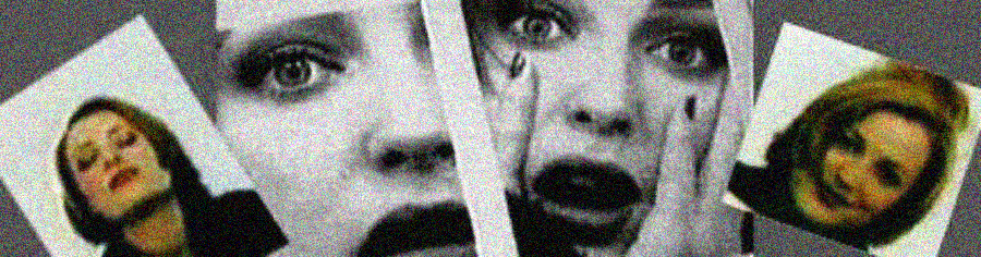 Five photographs show a woman's face with different emotional expressions, including surprise, worry, and confidence, arranged in a row on a flat surface. The image appears grainy and blurred.