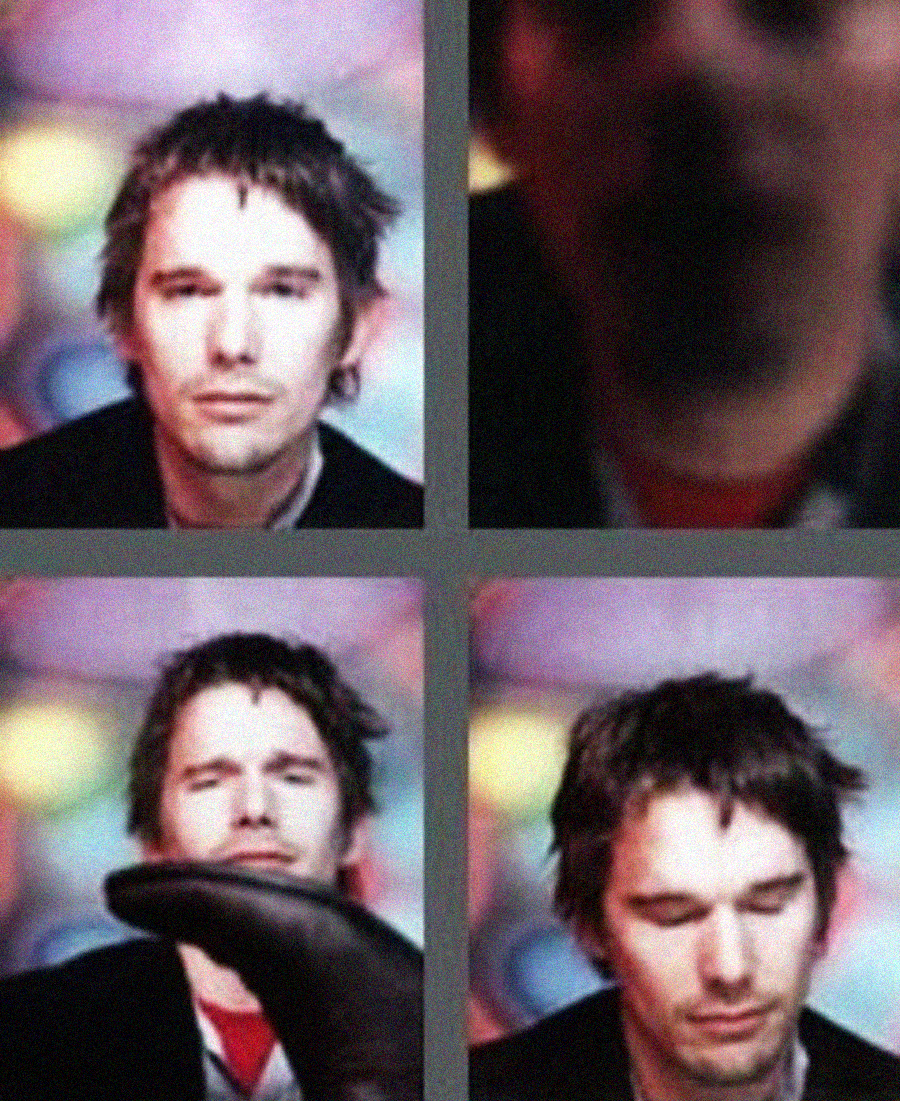 A photo booth-style collage shows a man with messy hair and a neutral expression in three clear shots and one blurred shot, set against a colorful, out-of-focus background. A dark object appears in the lower left frame.