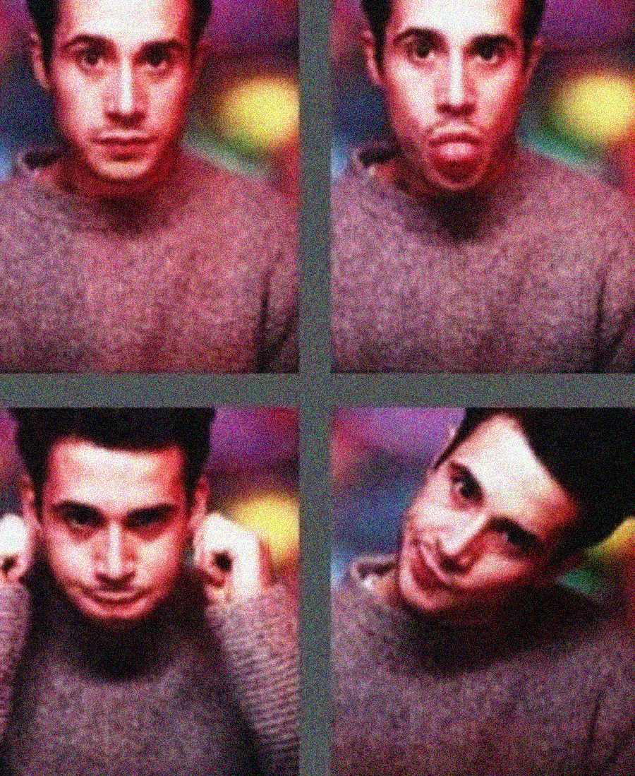 A photo booth-style image of a person in a sweater making four different facial expressions, including serious, silly, puffed cheeks, and a tilted head, set against a colorful blurred background.