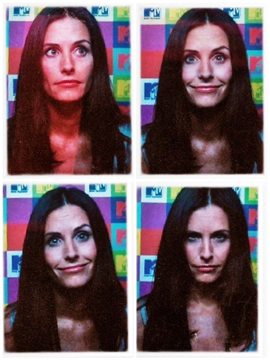A woman with long dark hair poses in a photo booth with a colorful MTV logo background, showing four different facial expressions: neutral, smiling, smirking, and serious.