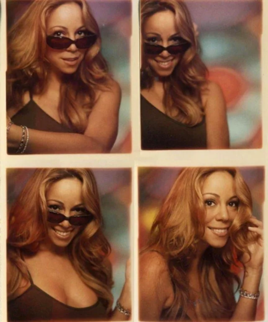 A woman with long, wavy hair poses for four photos. She smiles in each, wearing sunglasses in three and a sleeveless top. The colorful, blurred background creates a playful vibe.