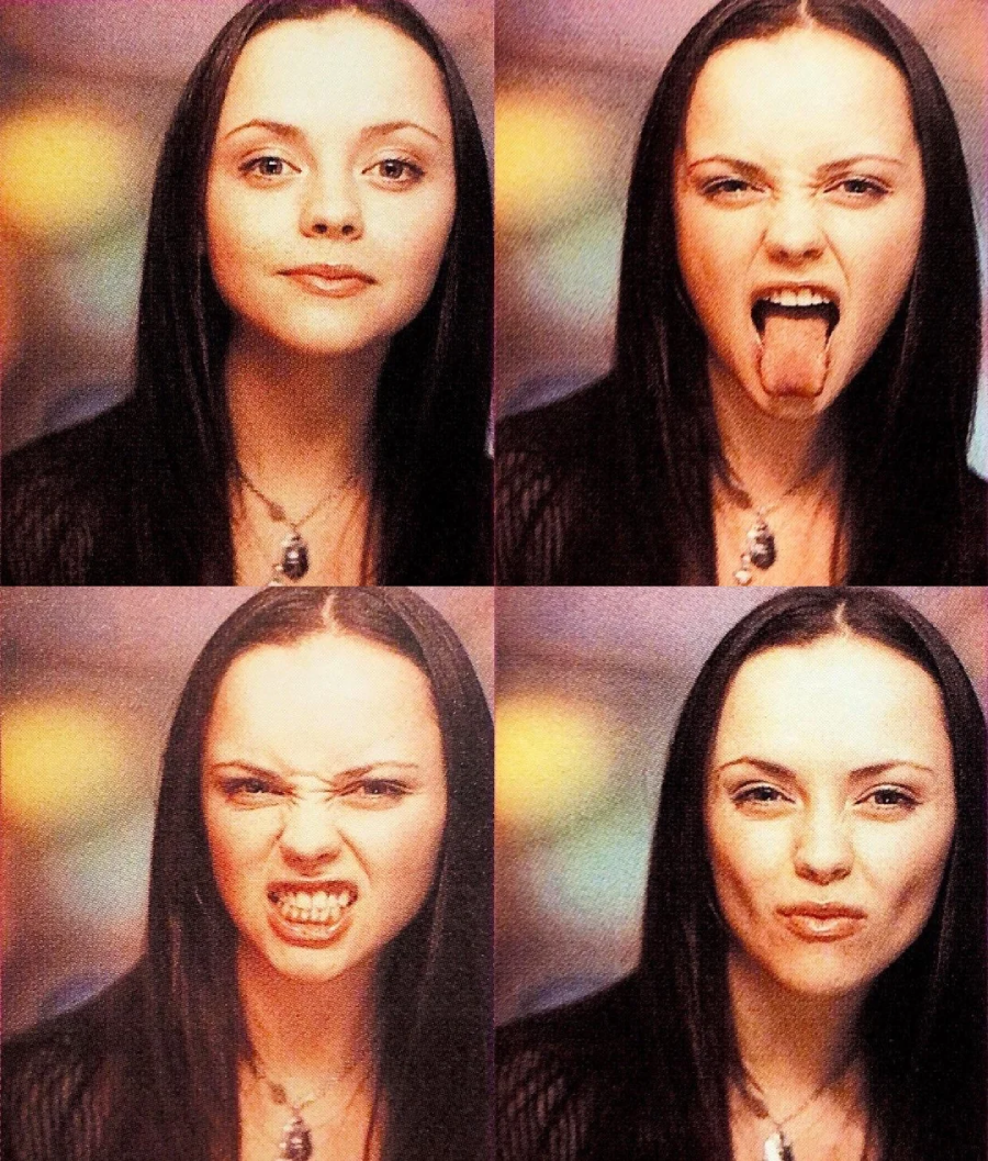 A woman with long dark hair and a necklace is seen in four close-up portraits, each showing a different facial expression: neutral, sticking out her tongue, snarling, and puckering her lips.