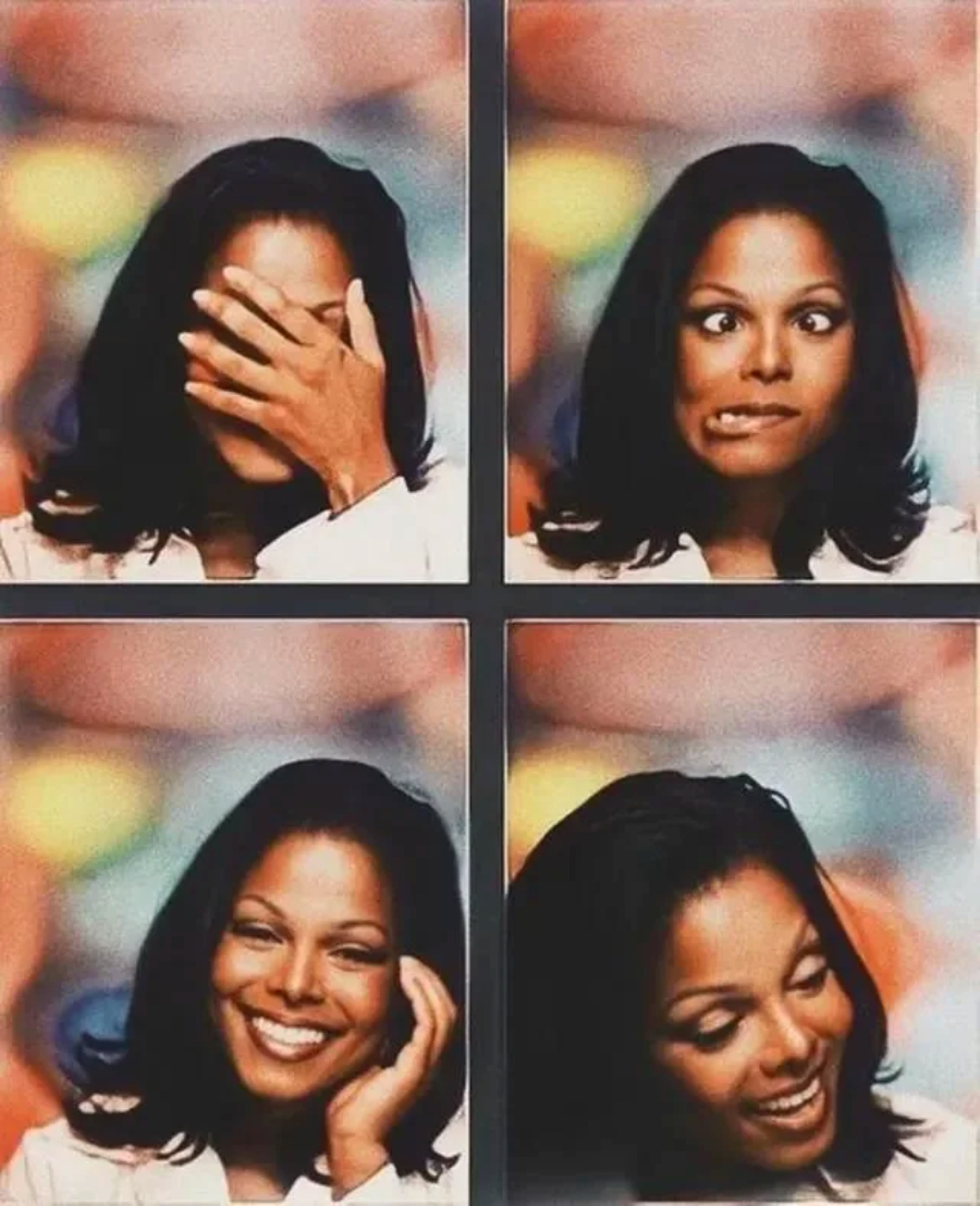 A woman with shoulder-length dark hair poses in a photo booth, showing different emotions: covering her face, making a funny face, smiling with her hand on her cheek, and looking down while smiling.